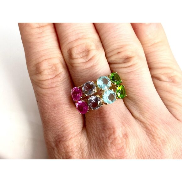 Multi Gemstone Pink Topaz, Peridot,  & Aquamarine Vintage Ring - sz 8 - Picture 9 of 10